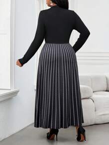 SHEIN Lady 秋冬季优雅通勤办公室彩色针织立领喇叭中长袖大码连衣裙冬季女装感恩节女装冬装长袖连衣裙冬季冬装 - 黑色 - 查看 2