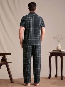 EverLounge 男士格子短袖衬衫和裤子两件套家居服套装 - 黑色 - 查看 2