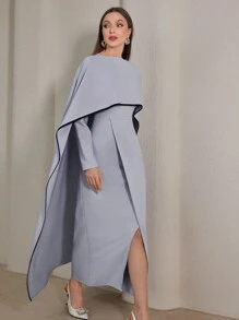 Modelyn Women's Solid Color Round Neck Poncho Splicing Slit Hem Elegant Dress Long Evening Dresses