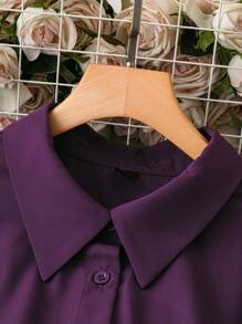SHEIN LUNE Women Fashion Simple Solid Color Polo Collar Single-Breasted Cardigan, Elegant Commuting All-Match Lantern Long Sleeve Shirt In Purple
