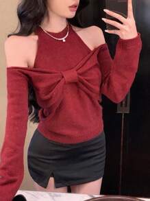 DAZY Áo len chui đầu hở vai xoắn phía trước màu đỏ mừng Giáng sinh và năm mới dành cho nữ, trang phục ngày lễ, mùa thu - Đỏ - Xem 9