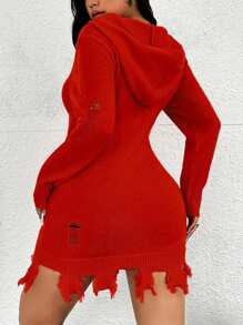 Flirla Plus Size Colorblock Geometric Pattern Ripped Fitted Hooded Sweater Dress, Casual For Autumn/Winter - Red - View 3