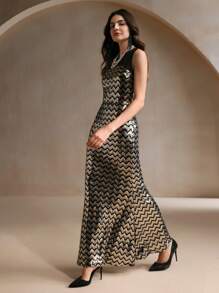 Anewsta Elegant Wave Pattern Beaded Women Long Dress, Spring/Autumn For Holiday Party Clothes Maxi Sequin Women Outfit
