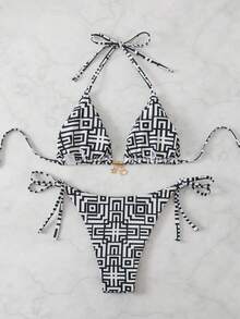 女士几何印花比基尼套装，非常适合度假和海滩夏季 - 黑與白 - 查看 2