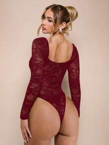 SHEIN BAE 1 件女式黑色性感蕾丝紧身衣，迷人透明修身长袖紧身衣，适合日常穿着、约会之夜和户外穿着 - 酒紅色 - 查看 2