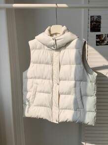 Comfortcana Áo gió trùm đầu không tay thường ngày có đệm, màu trơn, quần áo mùa đông - Màu be - Xem 3