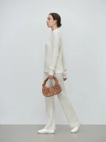 SHEIN LUNE 2 pezzi Set di blusa a maniche lunghe e pantaloni lunghi di colore unito per donna, casual in lana, stile minimalista - Albicocca - Visualizzare 7