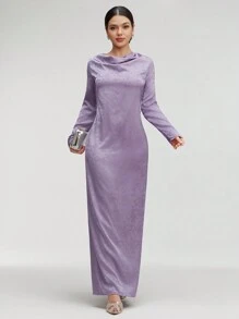 Veilorie Ladies' Elegant Floral Jacquard Long Sleeve Long Dress With V-Neck For Spring/Summer Modest - Dusty Purple - View 1