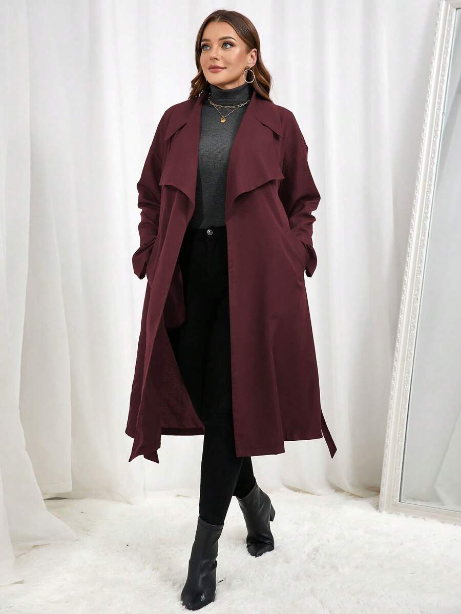 SHEIN Essnce Plus Size Women's Lapel Pocket Open Front Trench Coat - Burgundy - View 1