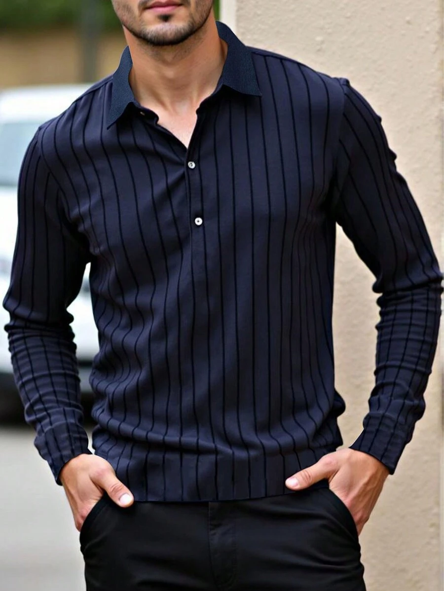 Manfinity Homme 大码男士休闲条纹长袖 Polo 衫，秋季，适合外出