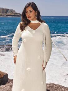 SHEIN VCAY White Knitted Dress For Women,Tropical Holiday Party Christmas Vacation Outfits,Modest Autumn Birthday Date Night New Year Eve Dress - Apricot - View 2