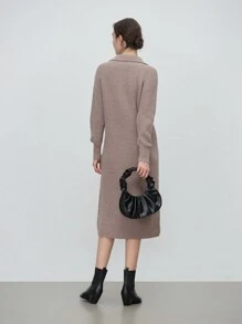 SHEIN LUNE 女士休闲纯色拉链半前毛衣连衣裙，适合秋冬季 - 摩卡棕 - 查看 2
