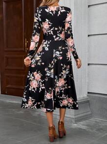 EMERY ROSE Women's Floral Print Round Neck Long Sleeve Elegant Mid-Length Dress, Autumn Dresses For Women