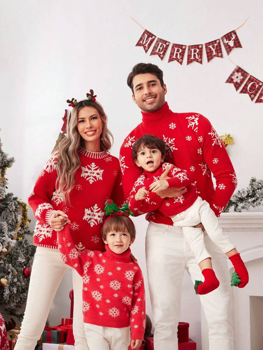 SHEIN LUNE Women Casual High Neck Long Sleeve Christmas Pattern Sweater Valentine's Day Family & Couple Party Ugly Christmas Sweater Christmas Sweater In Fall/Winter - Multicolor - View 1