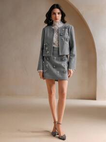 Anewsta 女士奢华优雅手工指甲花、指甲水钻、指甲珍珠长袖夹克和裙子两件套，秋季 - 灰色 - 查看 6