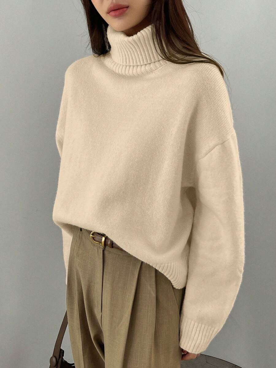 DAZY Women Casual Solid Color High Neck Dropped Shoulder Sweater, Suitable For Autumn/Winter,Fall Women Clothes - Apricot - View 1