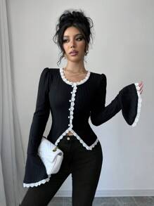 SHEIN X Angie Costa SHEIN Clasi 1pc Women Elegant Fake Collar Flare Long Sleeve T-Shirt, Casual Lace Trim Top, Black