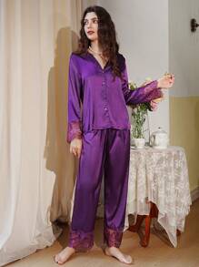 Eyelash Lace Panel Satin PJ Set / Pajama Set Holiday Season - Red Violet - View 5
