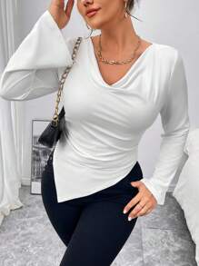 Celure 大码女式优雅纯色百搭垂坠领喇叭袖褶皱不对称下摆长袖 T 恤 - 白色 - 查看 6