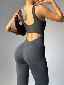 Easithlete 女士纯色后腰褶皱镂空连体瑜伽连体衣适合日常锻炼使用 - 深灰色 - 查看 7