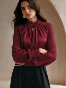 Anewsta 黑色现代都市镂空设计缎面长袖衬衫 - 酒紅色 - 查看 5