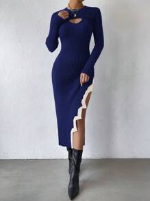 SHEIN Clasi 1 件女式拼色圆领长袖镂空修身毛衣连衣裙，秋冬 - 彩色 - 查看 3