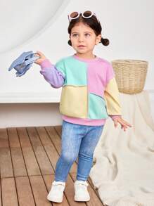 SHEIN 2pcs Baby Girl Contrast Color Long Sleeve Sweatshirt And Elastic Waist Pants Set, Autumn/Winter - Multicolor - View 1