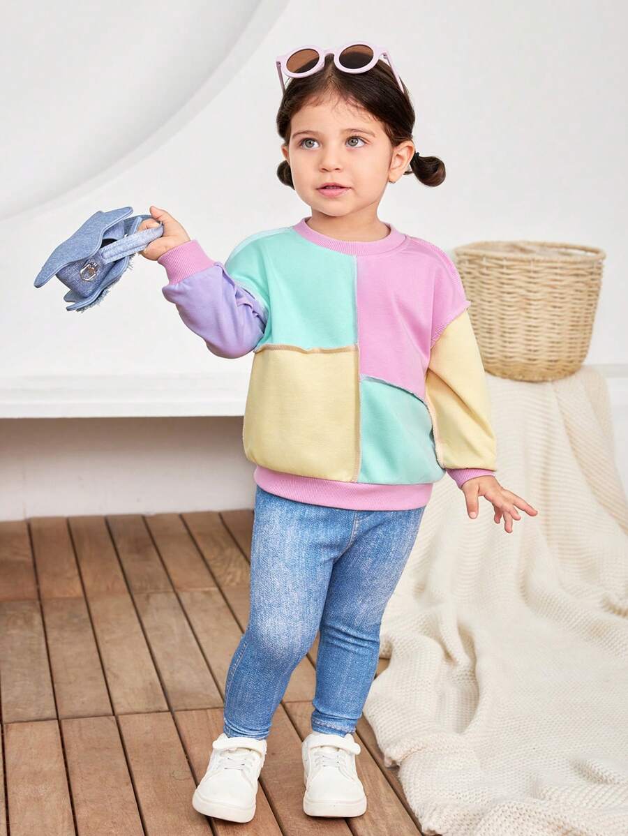 SHEIN 2pcs Baby Girl Contrast Color Long Sleeve Sweatshirt And Elastic Waist Pants Set, Autumn/Winter - Multicolor - View 1