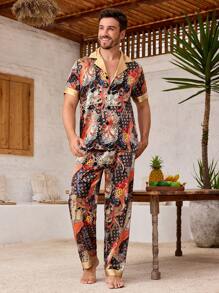 Manfinity Underwear&Sleepwear Basics 2pcs/Set Men Color Block Short Sleeve Casual Top And Long Pants Pajama Set - Multicolor - View 4