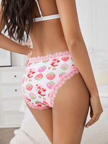 Strawberry Shortcake X SHEIN 2 stuks dames schattige aardbeien bedrukte contrasterende kant sexy en comfortabele slip, roze en rood