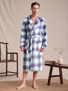Men's Plaid Print Shawl Neck Patchwork Pocket Drawstring Fluffy Robe, Autumn/Winter