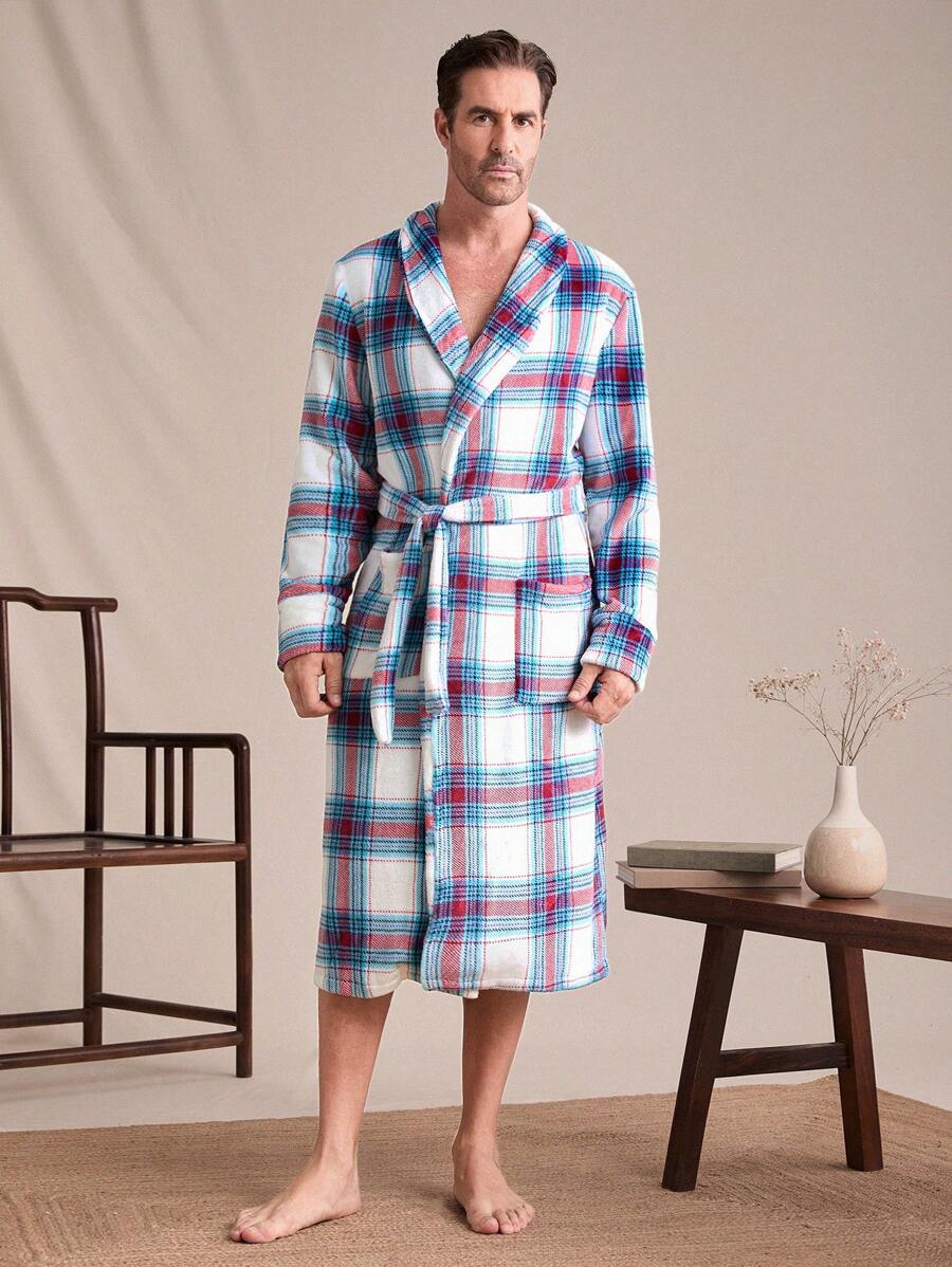 Men's Plaid Print Shawl Neck Patchwork Pocket Drawstring Fluffy Robe, Autumn/Winter
