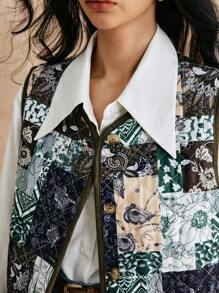 Poéselle Chaleco acolchado sin mangas con estampado vintage retro y efecto patchwork para mujer, chaleco acolchado sin mangas vintage, chaqueta acolchada corta, chaqueta acolchada, chaqueta corta de mujer, chaqueta de pana, chaqueta de mujer para otoño, ropa de mujer para otoño, chaqueta de invierno - Verde militar - Ver 2