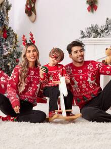 1piece 年轻男孩休闲学院风舒适时尚简约实用鹿绒材质搭配可爱圣诞图案厚实保暖圆领毛衣，适合男孩毛衣、儿童毛衣、儿童服装、年轻男孩服装、学校、返校、男孩服装、圣诞毛衣，适合日常、学校、户外、运动、秋冬季节适合秋冬季节，适合圣诞节，情侣贴身服装 - 紅色 - 查看 1