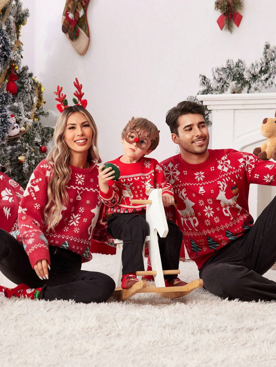 1piece 年轻男孩休闲学院风舒适时尚简约实用鹿绒材质搭配可爱圣诞图案厚实保暖圆领毛衣，适合男孩毛衣、儿童毛衣、儿童服装、年轻男孩服装、学校、返校、男孩服装、圣诞毛衣，适合日常、学校、户外、运动、秋冬季节适合秋冬季节，适合圣诞节，情侣贴身服装 - 紅色 - 查看 1