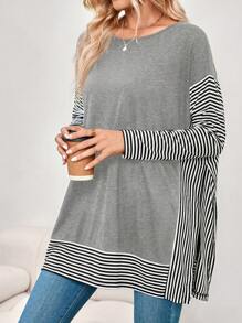 EMERY ROSE 女士圆领条纹印花休闲百搭长袖 T 恤