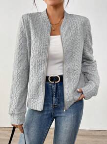 SHEIN LUNE Jaqueta Bomber de Estilo Esportivo Feminina, Tecido com Textura Jacquard, Casual, Adequada para Roupas Esportivas, Casa, Uso Elegante de Rua, Outono/Inverno - Cinza - Visão 1
