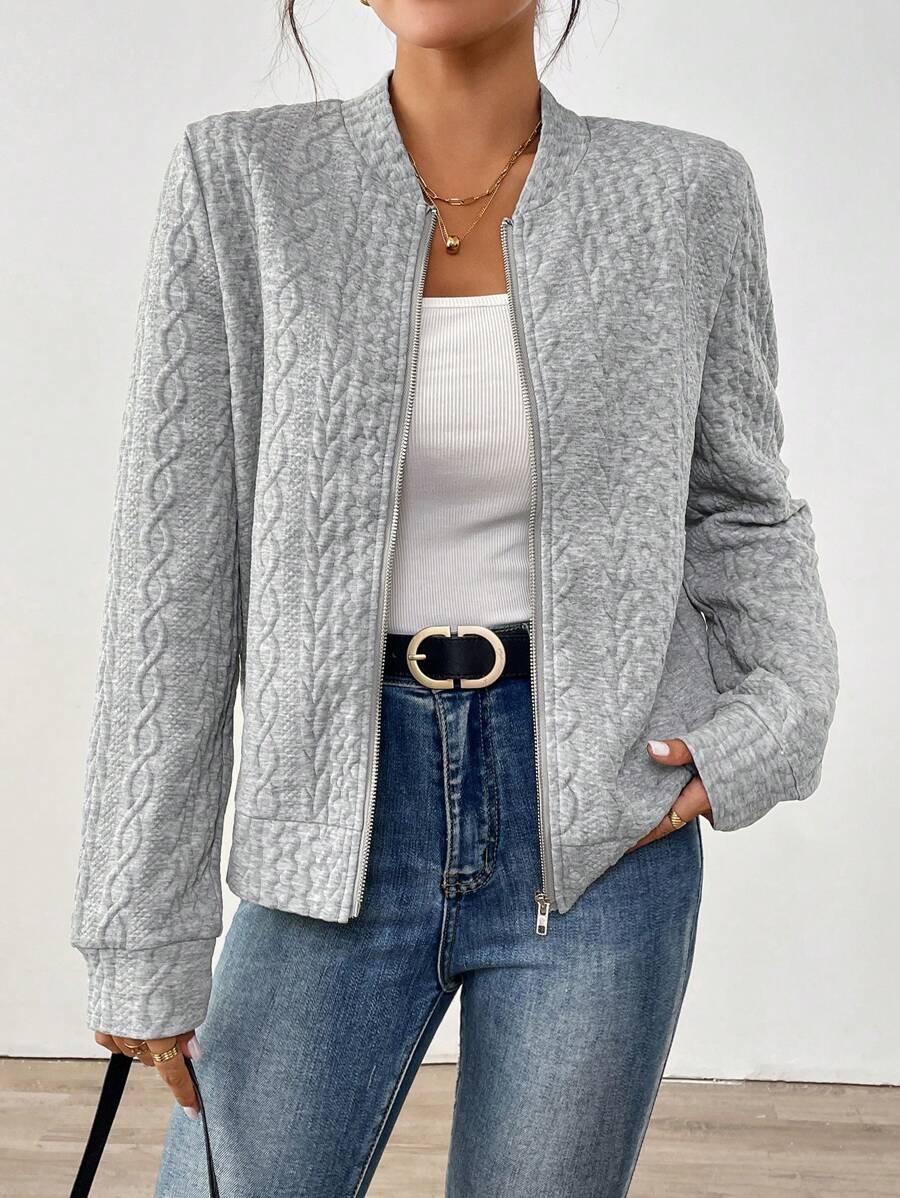 SHEIN LUNE Jaqueta Bomber de Estilo Esportivo Feminina, Tecido com Textura Jacquard, Casual, Adequada para Roupas Esportivas, Casa, Uso Elegante de Rua, Outono/Inverno - Cinza - Visão 1