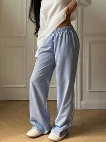 Aloruh Casual Vacation Blue Striped Low Waist Elastic Waist Maxi Pants For Women - Blue and White - View 4