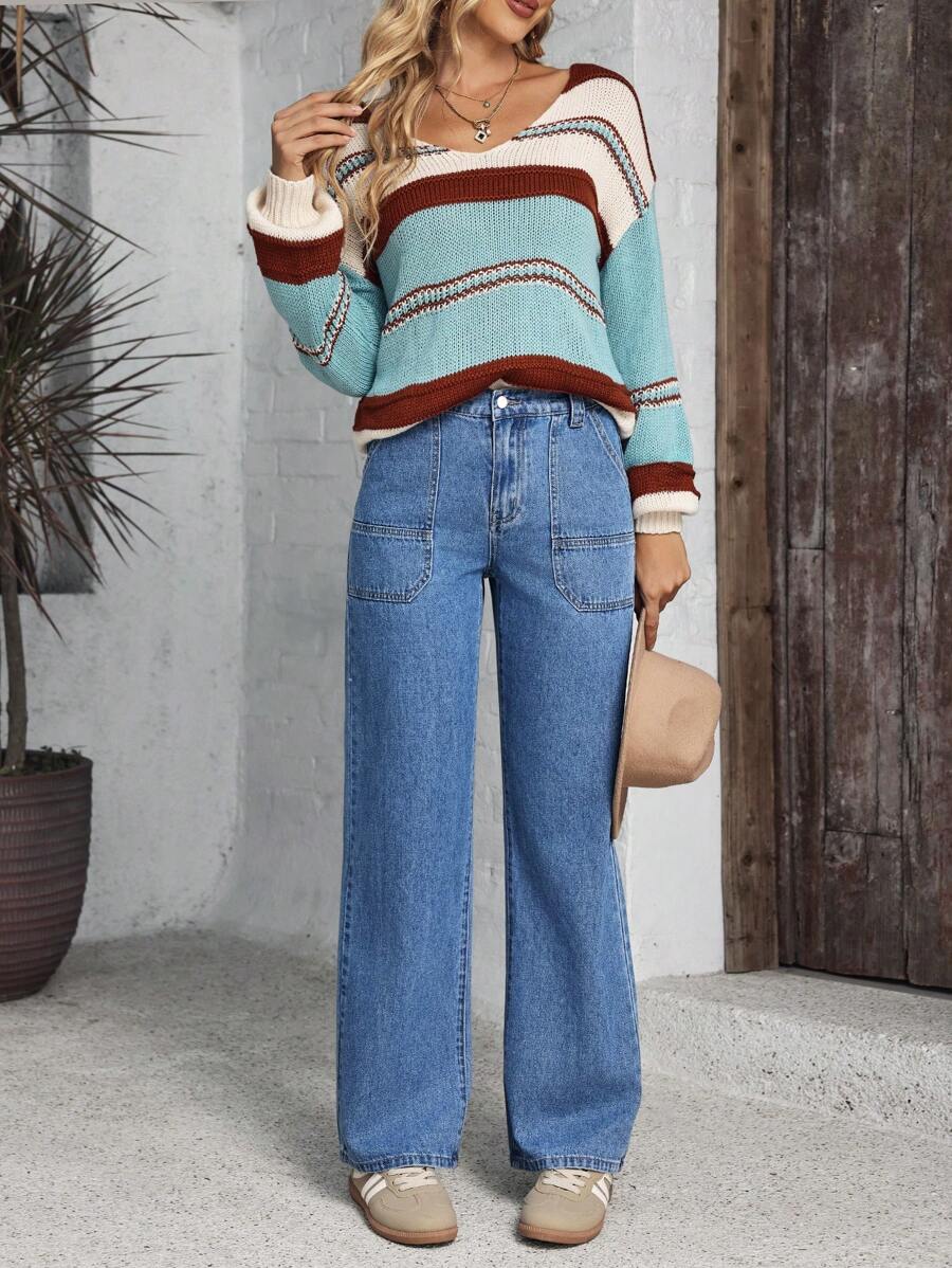 SHEIN LUNE 女式纯色口袋休闲直筒牛仔裤 - 藍色 - 查看 1