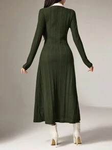 Heiryn 1 件女士优雅拼色领长袖中长连衣裙，秋季 - 綠色 - 查看 4