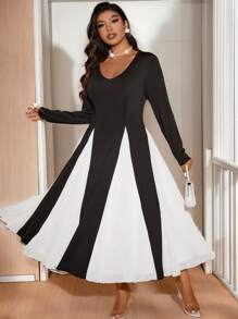Allurite 大码女式 V 领拼色长袖优雅连衣裙，秋季 - 黑與白 - 查看 5