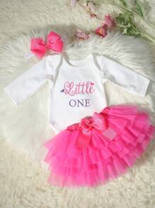SHEIN Newborn Girl Photography Props Baby Girl Coming Home Outfit 1 Month Baby Girl Romper Props With TUTU Skirt And Bow Headband Newborn Shower Gift - Hot Pink - View 2