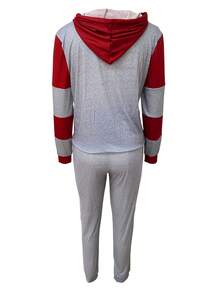 秋冬新款欧美时尚女装条纹拼接连帽宽松口袋卫衣裤套装 休闲春季 - 深灰色 - 查看 2