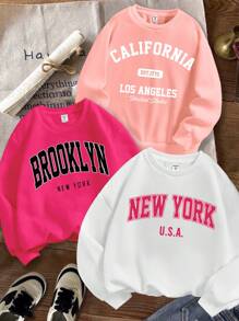 SHEIN ModeFlare Wear 3pcs Tween Girls' Casual Minimalist Fleece Loose Fit Long Sleeve Crew Neck Thick Sweatshirts, Suitable For Autumn & Winter - Multicolor - View 1