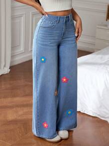 SHEIN EZwear Quần Jeans Thường Ngày Có Túi Cài Nút Phía Trước Cho Nữ - Màu xanh lam - Xem 3