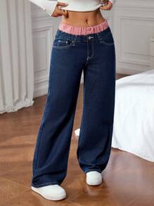 SHEIN EZwear Women's Casual Plaid Patchwork Elastic Waist Loose Wide-Leg Jeans - Blue - View 7