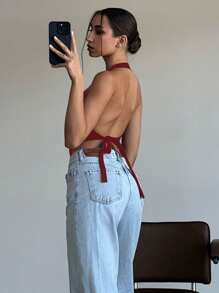 SHEIN EZwear Áo hở lưng hở lưng màu trơn gợi cảm cho nữ - Màu Đỏ Sâu - Xem 2