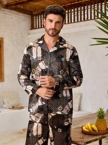 Manfinity ChillVibe 2pcs/Set Men All-Over Print Front Button Long Sleeve Top And Pants Pajama Set - Multicolor - View 5