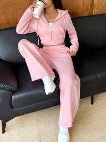 SHEIN EZwear Bộ đồ thể thao quần nỉ và áo hoodie rút dây màu hồng cho nữ - Hồng - Xem 1